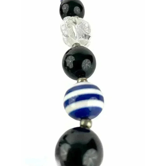 Round Chunky Big Lucite Bead Necklace Blue Black Clear Floral Design Silver Tone - Picture 8 of 8